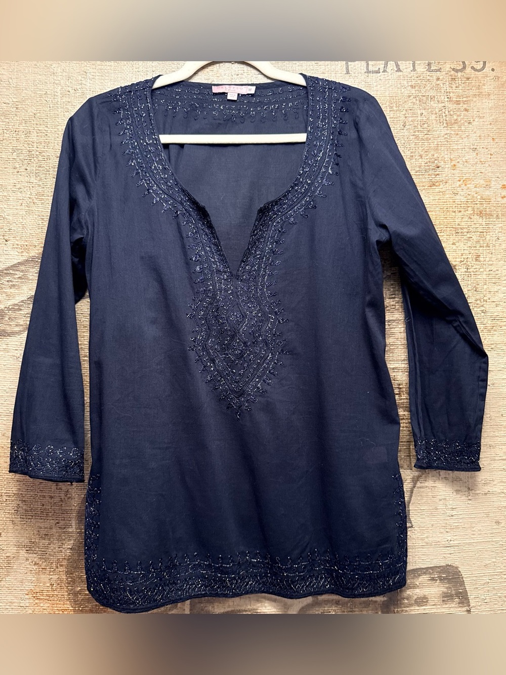 Calypso St. Barth Navy Blue Cotton Embroidered Beaded Tunic Top Medium